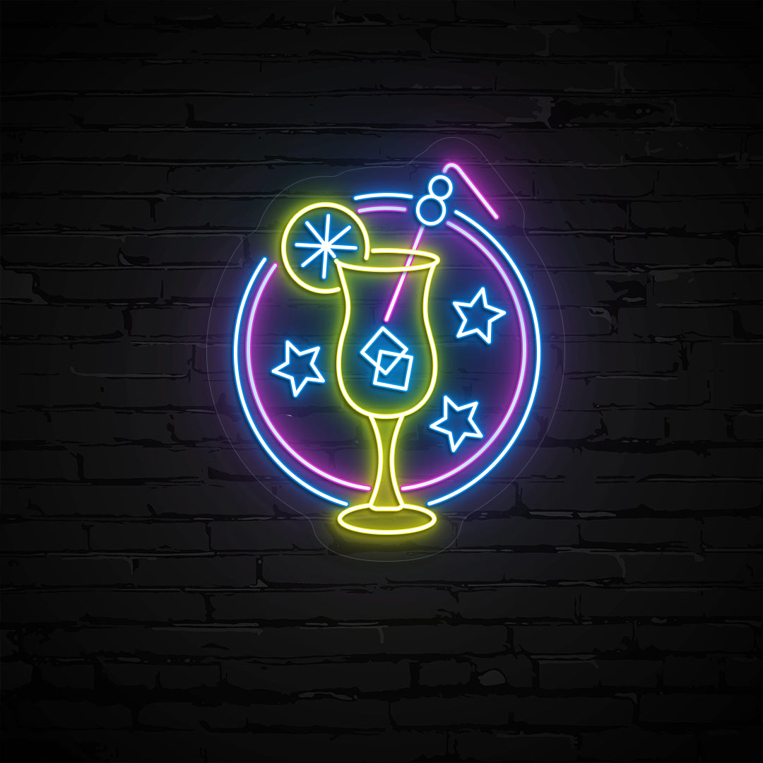 multicolor LED margarita with lime neon sign glowing on wall.