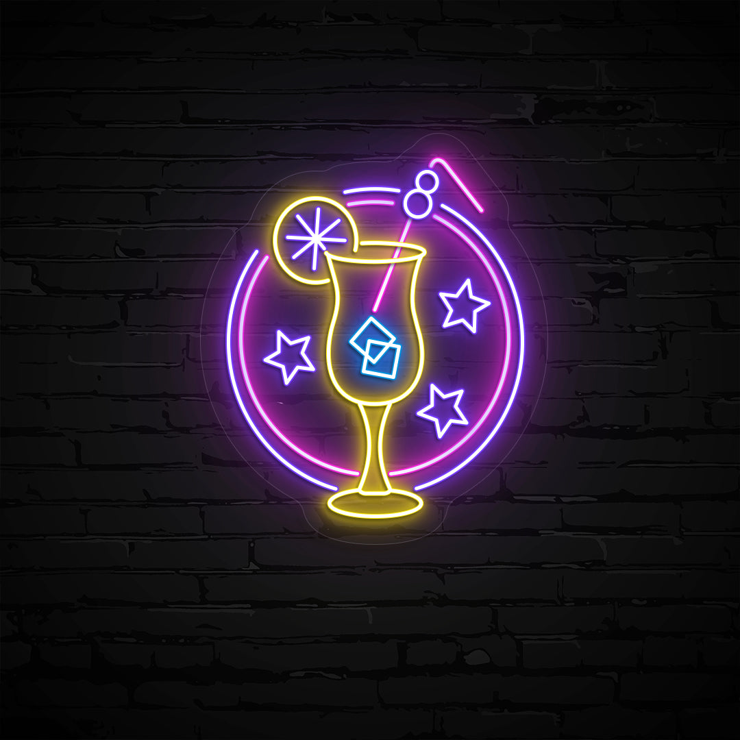 Stylish margarita with a lime neon sign glowing yellow, ice blue, purple, pink on wall.