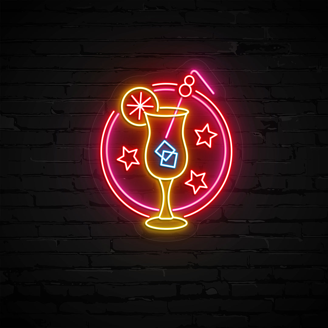 multicolor LED margarita with lime neon sign glowing on wall.