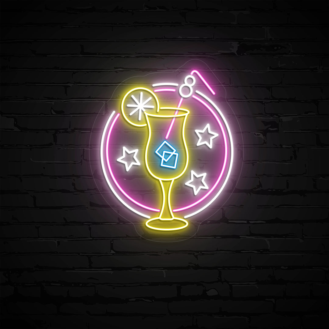 Stylish margarita with a lime neon sign glowing yellow, ice blue, white, pink on wall.