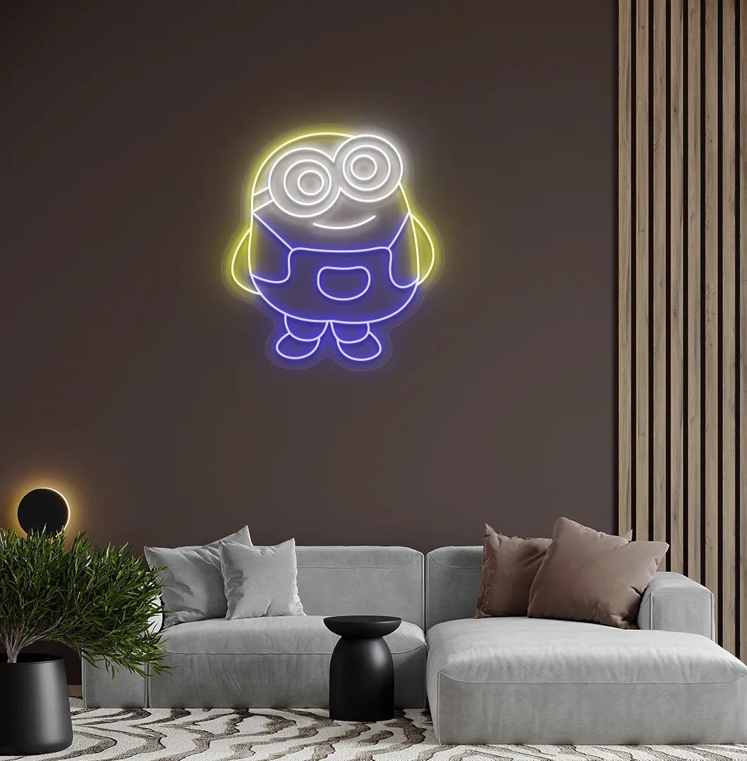 Cartoon-inspired Minion blue neon sign glowing on decorative wall.