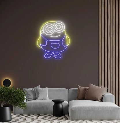 Cartoon-inspired Minion blue neon sign glowing on decorative wall.