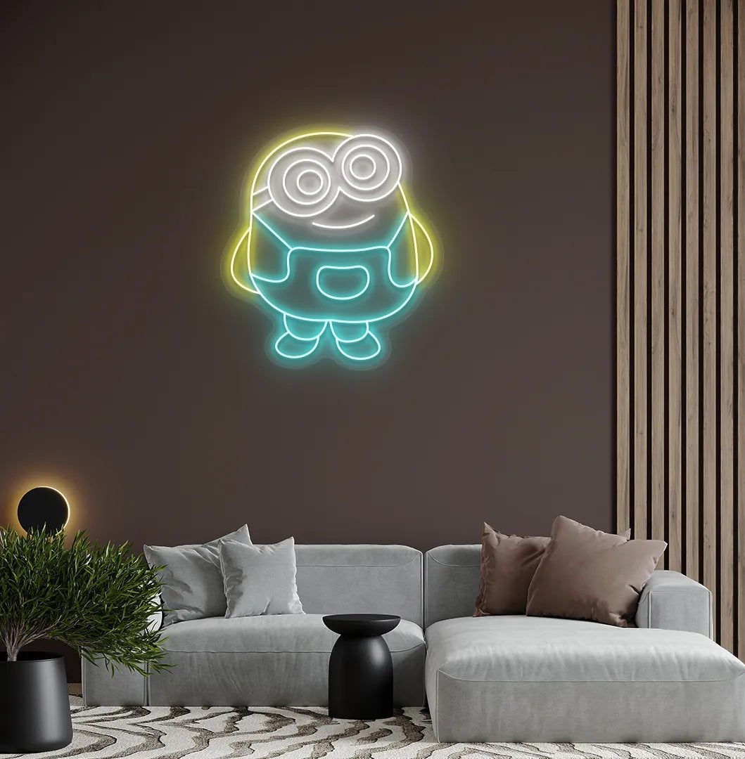 Cartoon-inspired Minion ice blue neon sign glowing on decorative wall.