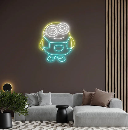 Cartoon-inspired Minion ice blue neon sign glowing on decorative wall.