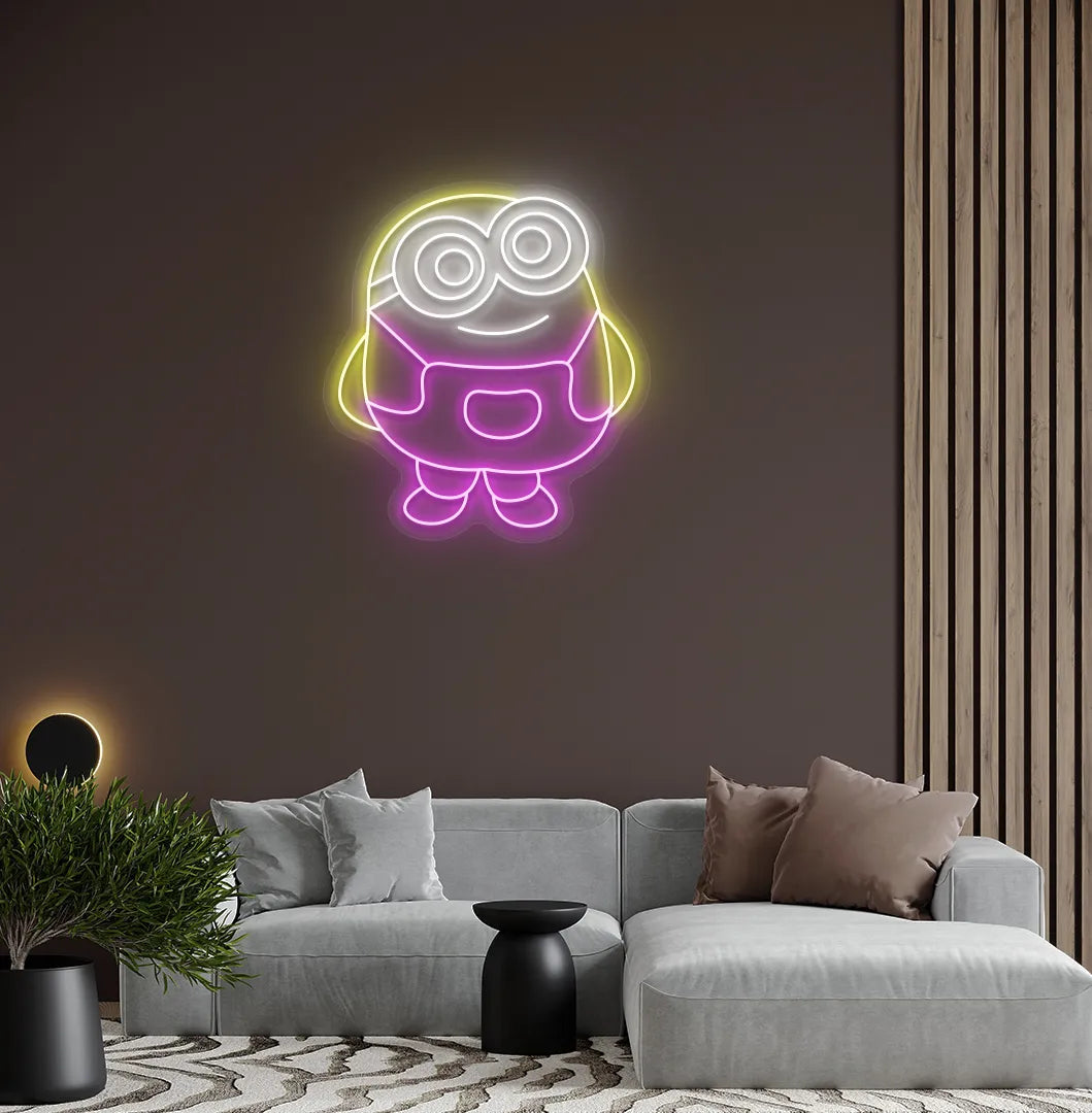 Cartoon-inspired Minion pink neon sign glowing on decorative wall.
