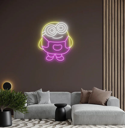 Cartoon-inspired Minion pink neon sign glowing on decorative wall.