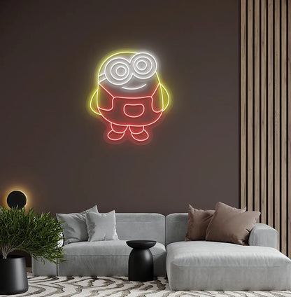 Cartoon-inspired Minion red neon sign glowing on decorative wall.