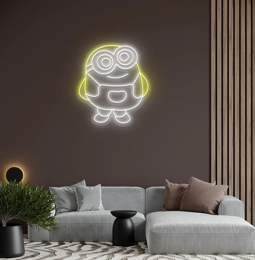 Cartoon-inspired Minion white neon sign glowing on decorative wall.
