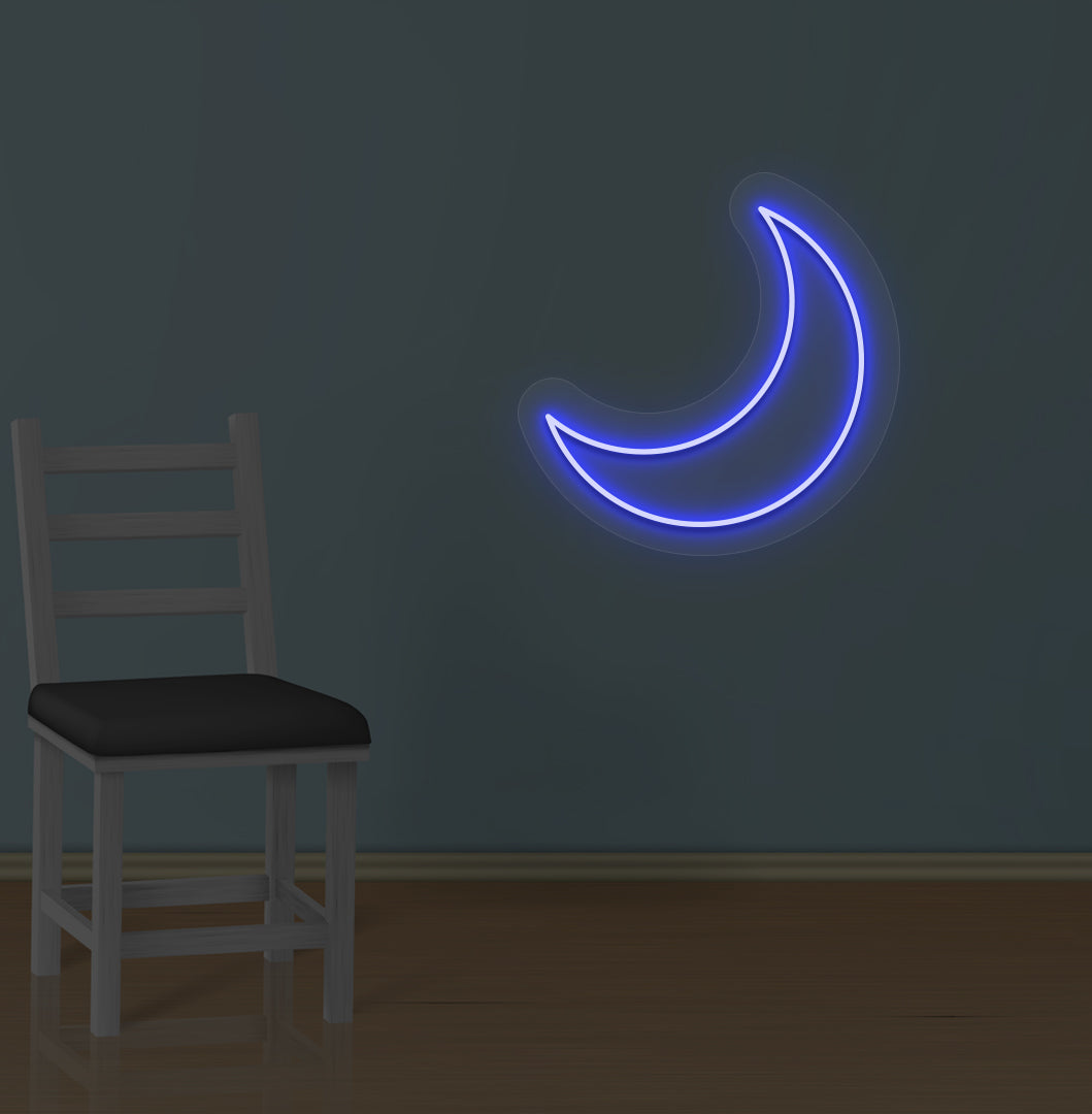 Image of a moon LED neon sign glowing on a wall in blue color.