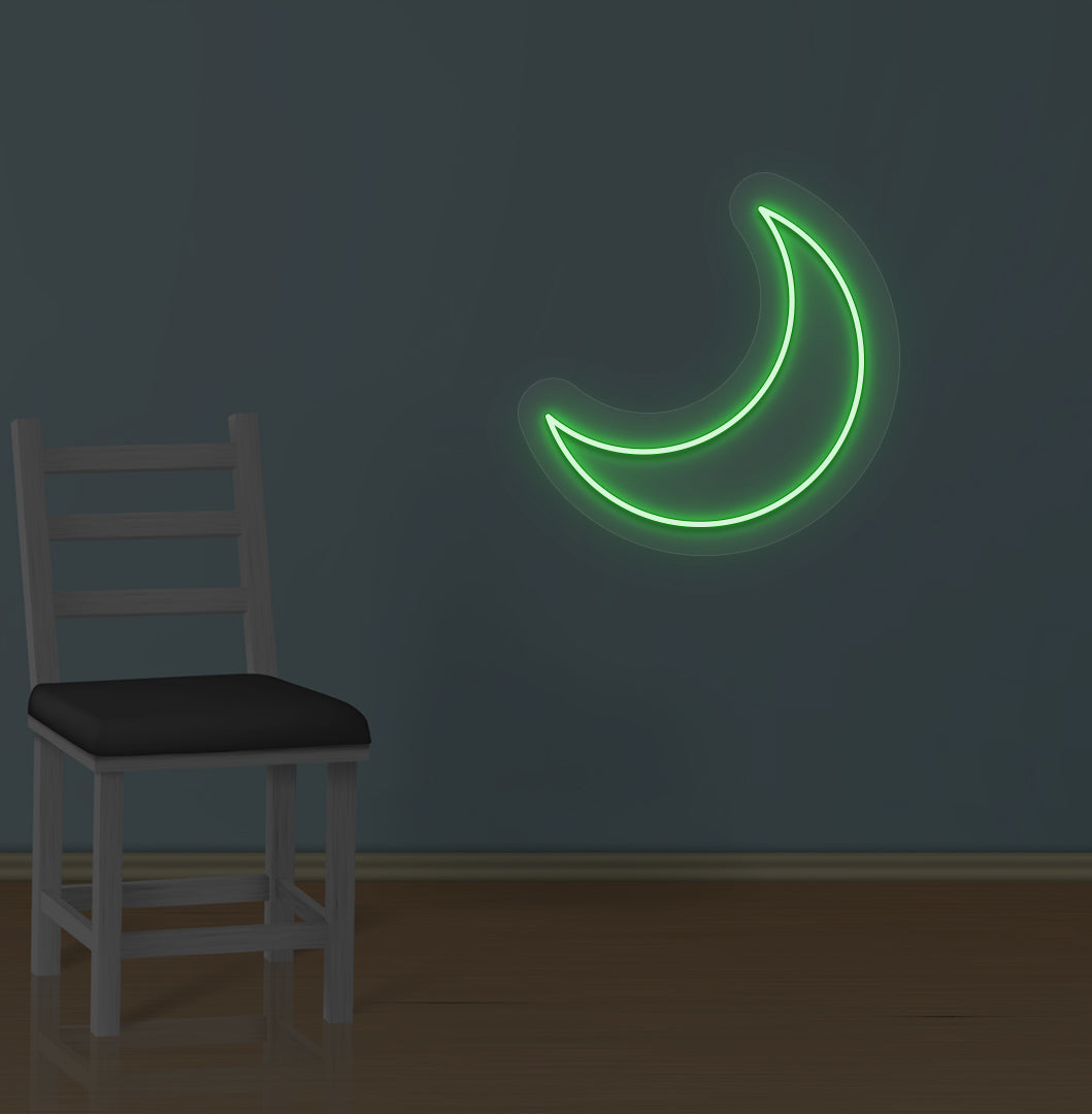 Dreamy wall decor with a moon LED neon sign glowing green.
