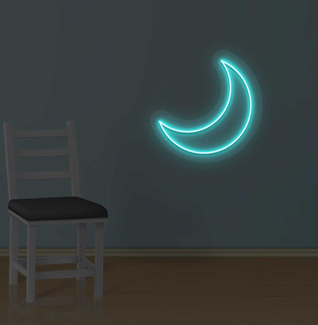 Image of a moon LED neon sign glowing on a wall in ice blue color.