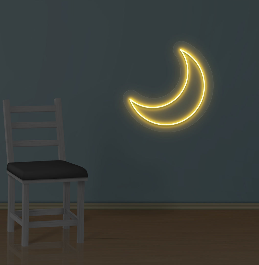 Dreamy wall decor with a moon LED neon sign glowing orange.