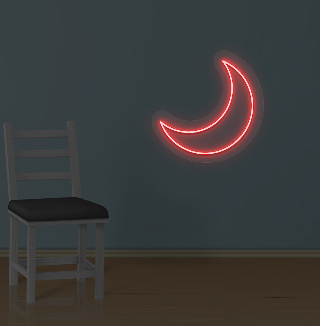 Image of a moon LED neon sign glowing on a wall in red color.
