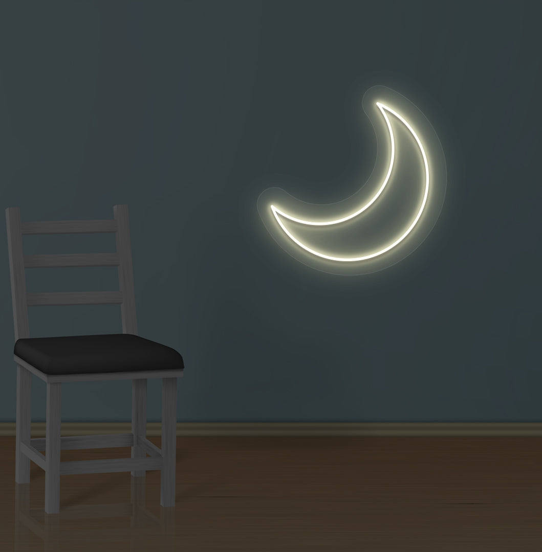 Dreamy wall decor with a moon LED neon sign glowing warm white.