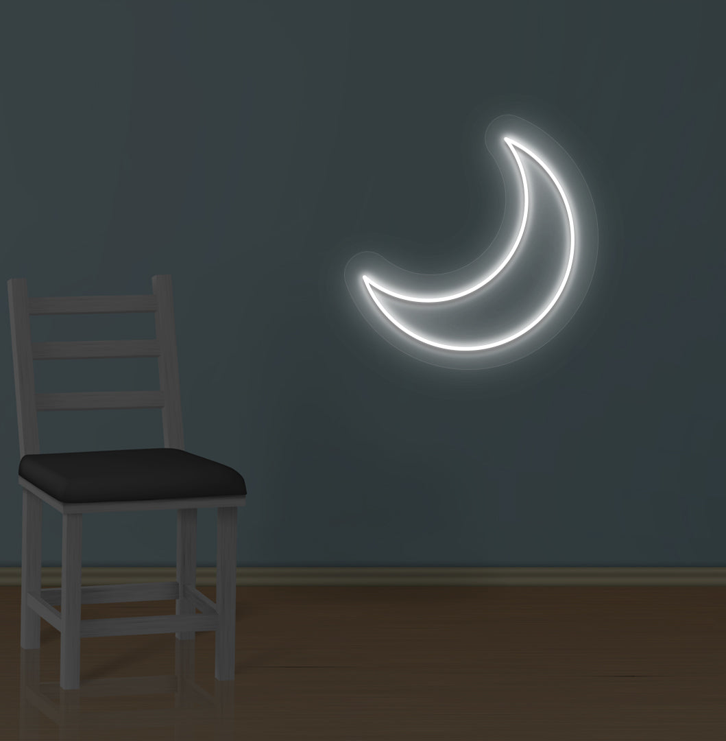 Image of a moon LED neon sign glowing on a wall in white color.