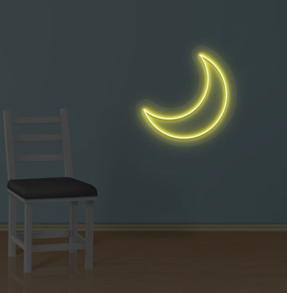 Dreamy wall decor with a moon LED neon sign glowing yellow.