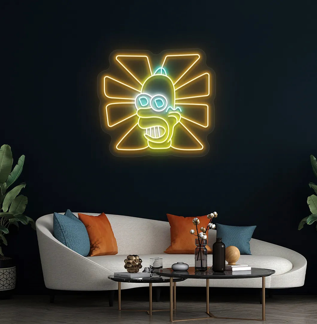 Image of a Trendy Mr. Sparkle orange LED neon sign mounted on modern wall.