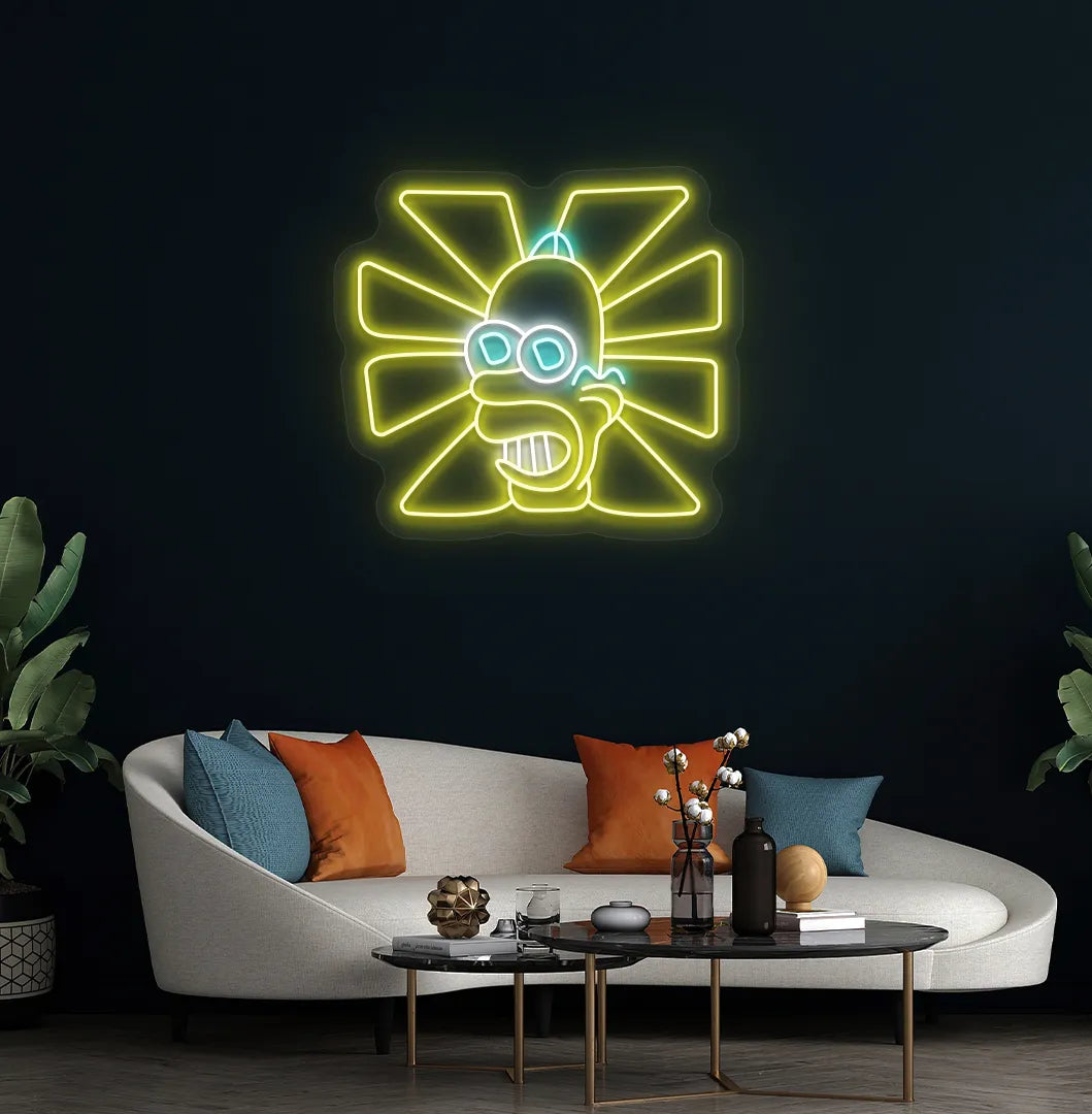 Image of a Trendy Mr. Sparkle yellow LED neon sign mounted on modern wall.