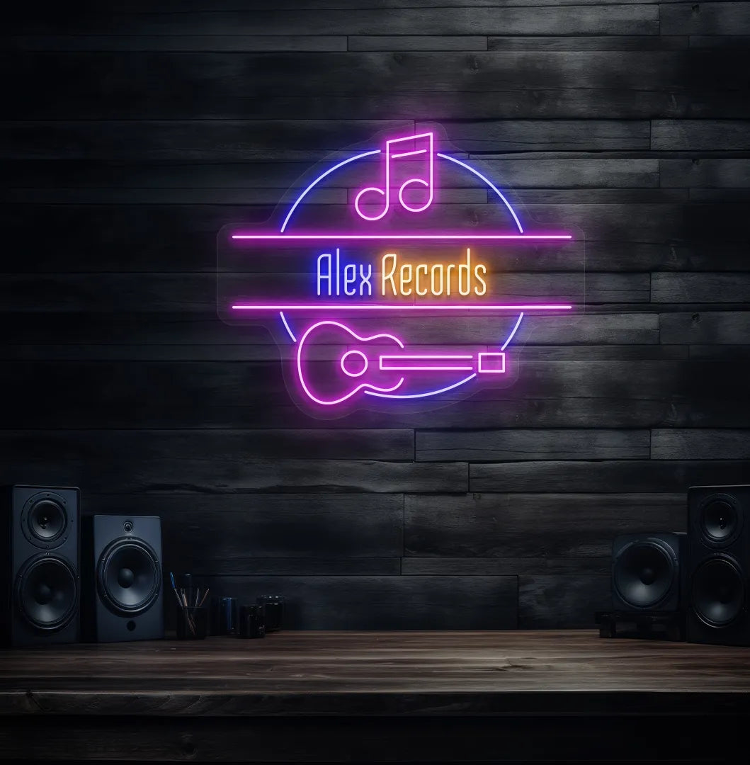Personalized Music Studio Name neon sign in blue color mounted on modern wall decor.