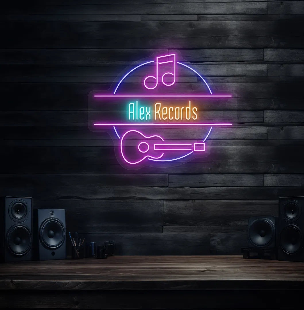 Personalized Music Studio Name neon sign in ice blue color mounted on modern wall decor.