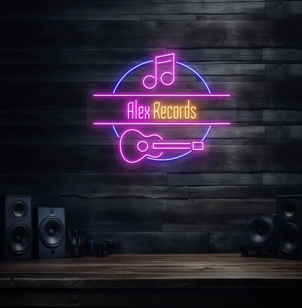 Personalized Music Studio Name neon sign in pink color mounted on modern wall decor.