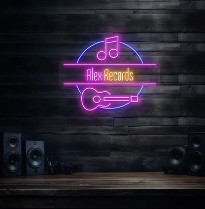Personalized Music Studio Name neon sign in pink color mounted on modern wall decor.