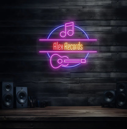 Personalized Music Studio Name neon sign in red color mounted on modern wall decor.