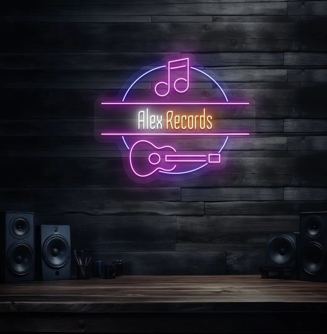 Personalized Music Studio Name neon sign in white color mounted on modern wall decor.