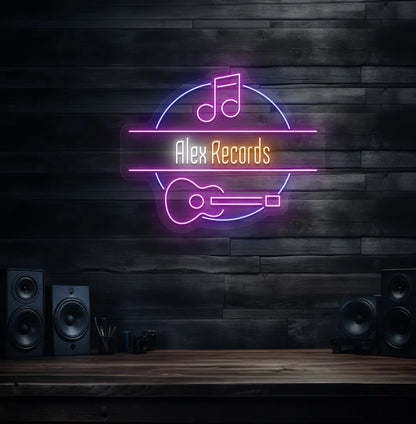 Personalized Music Studio Name neon sign in white color mounted on modern wall decor.