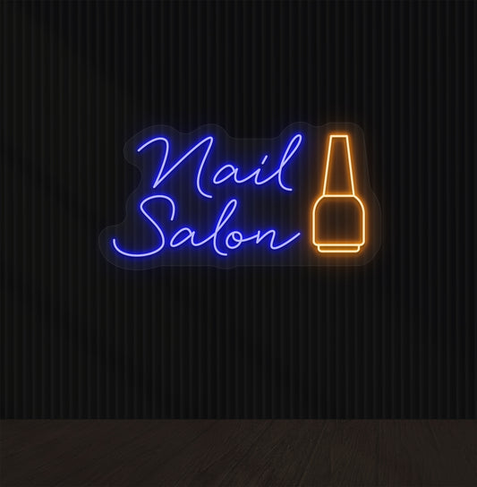 Image of a Nail Salon LED neon sign hanging on wall with a nail polish bottle sign in blue color.