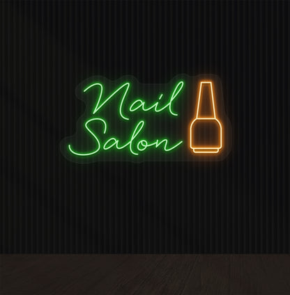 Green LED neon sign of a nail salon with a nail polish bottle for a beauty studio, salon wall decor, and storefront.