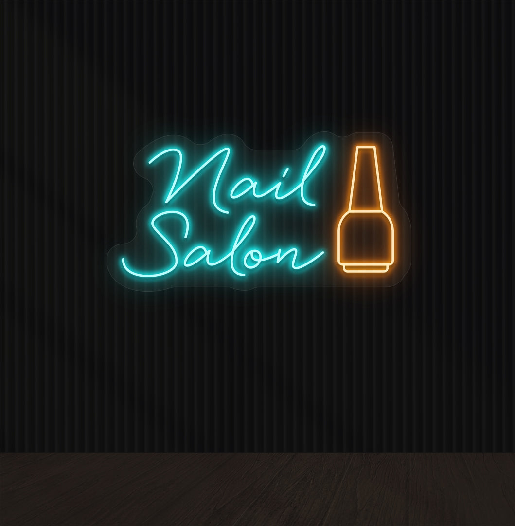 Stylish ice blue neon nail salon sign with nail polish bottle for nail art studio.