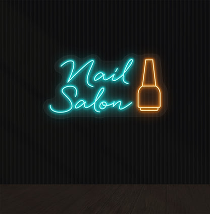 Stylish ice blue neon nail salon sign with nail polish bottle for nail art studio.