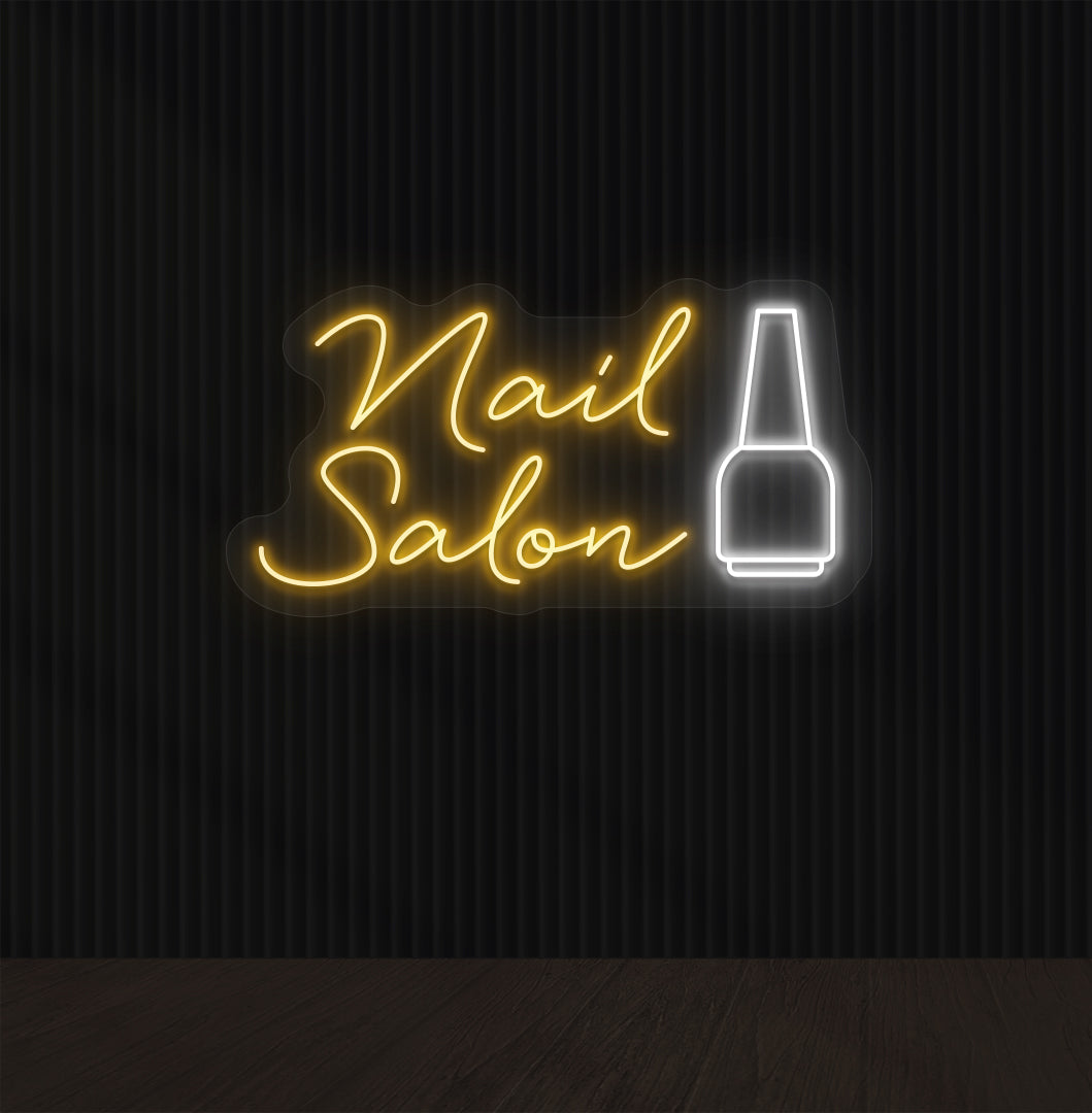 Image of a Nail Salon LED neon sign hanging on wall with a nail polish bottle sign in orange color.