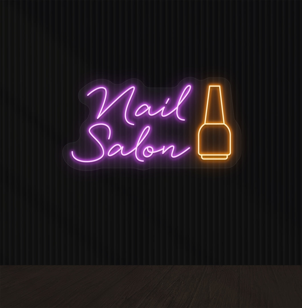 Purple LED neon sign of a nail salon with a nail polish bottle for a beauty studio, salon wall decor, and storefront.