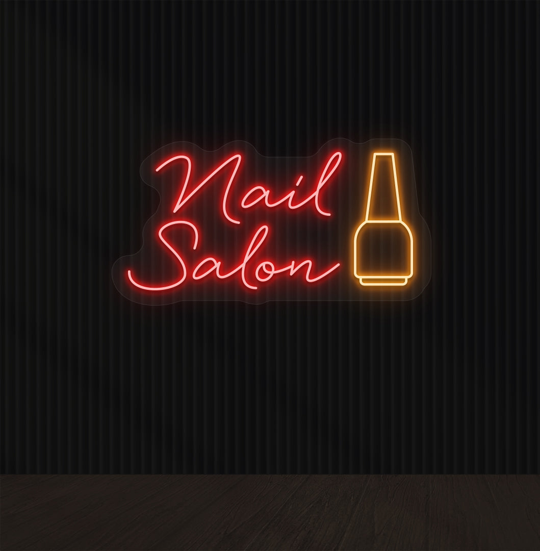 Stylish red neon nail salon sign with nail polish bottle for nail art studio.