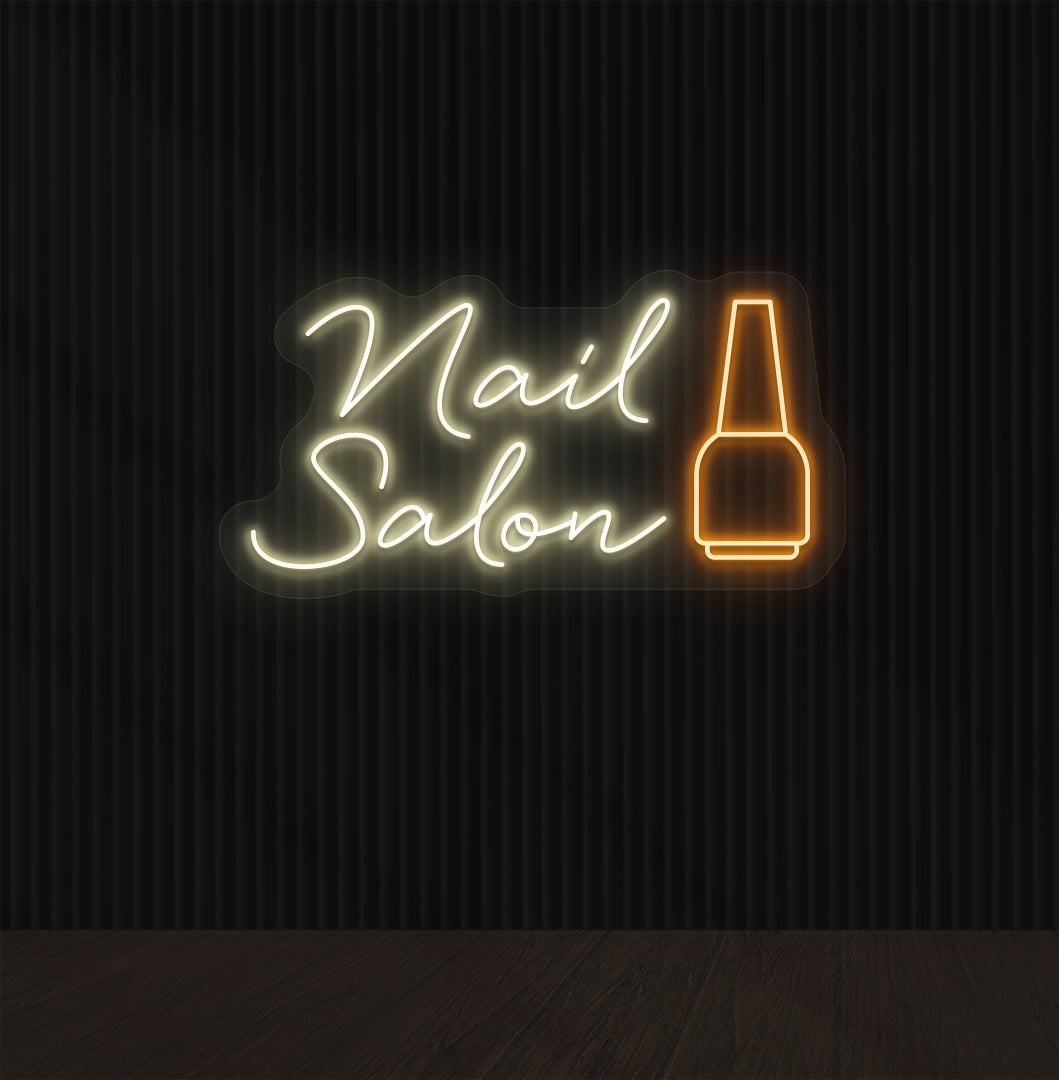 Warm white LED neon sign of a nail salon with a nail polish bottle for a beauty studio, salon wall decor, and storefront.