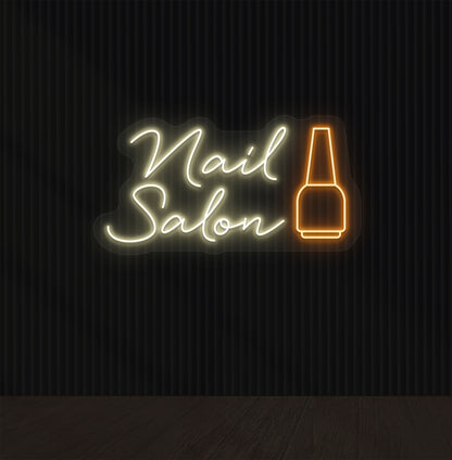 Warm white LED neon sign of a nail salon with a nail polish bottle for a beauty studio, salon wall decor, and storefront.