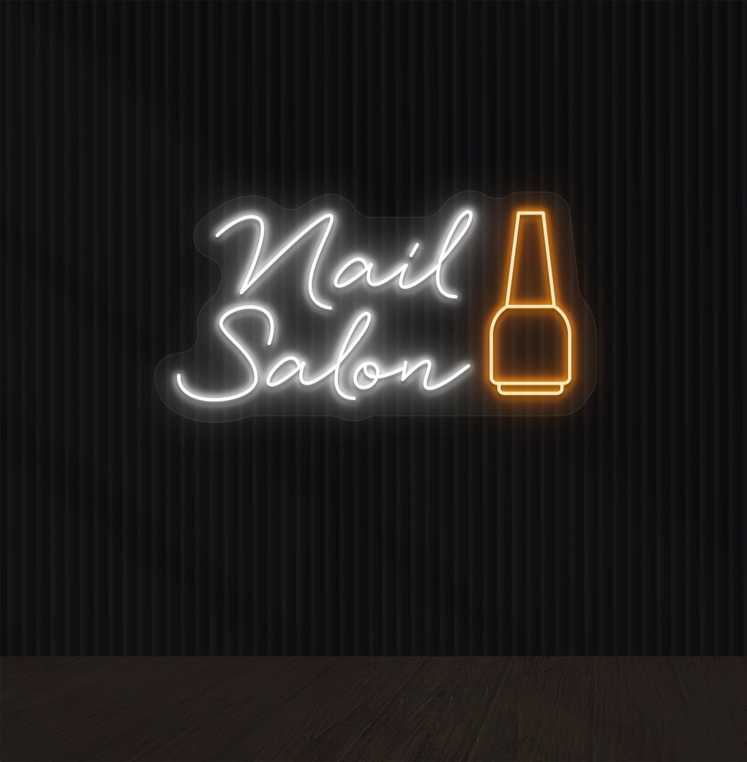 Image of a Nail Salon LED neon sign hanging on wall with a nail polish bottle sign in white color.