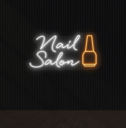 Image of a Nail Salon LED neon sign hanging on wall with a nail polish bottle sign in white color.
