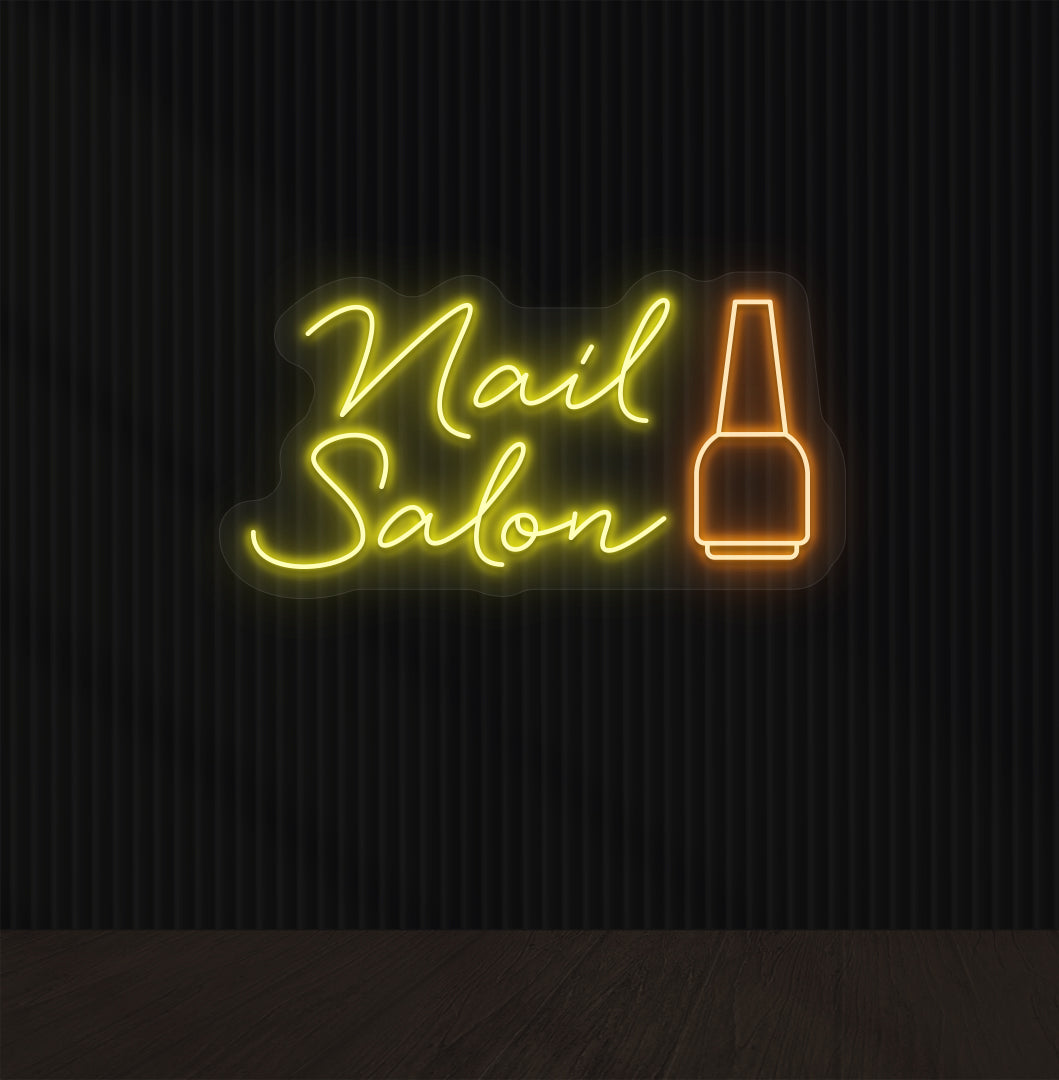 Stylish yellow neon nail salon sign with nail polish bottle for nail art studio.