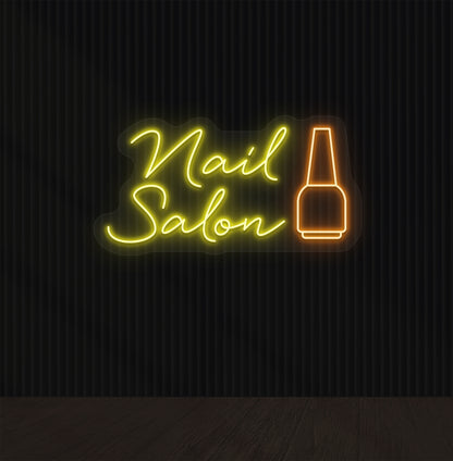 Stylish yellow neon nail salon sign with nail polish bottle for nail art studio.