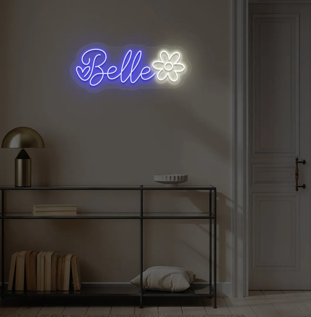 Personalized Name with Flower neon sign in blue color mounted on modern wall.