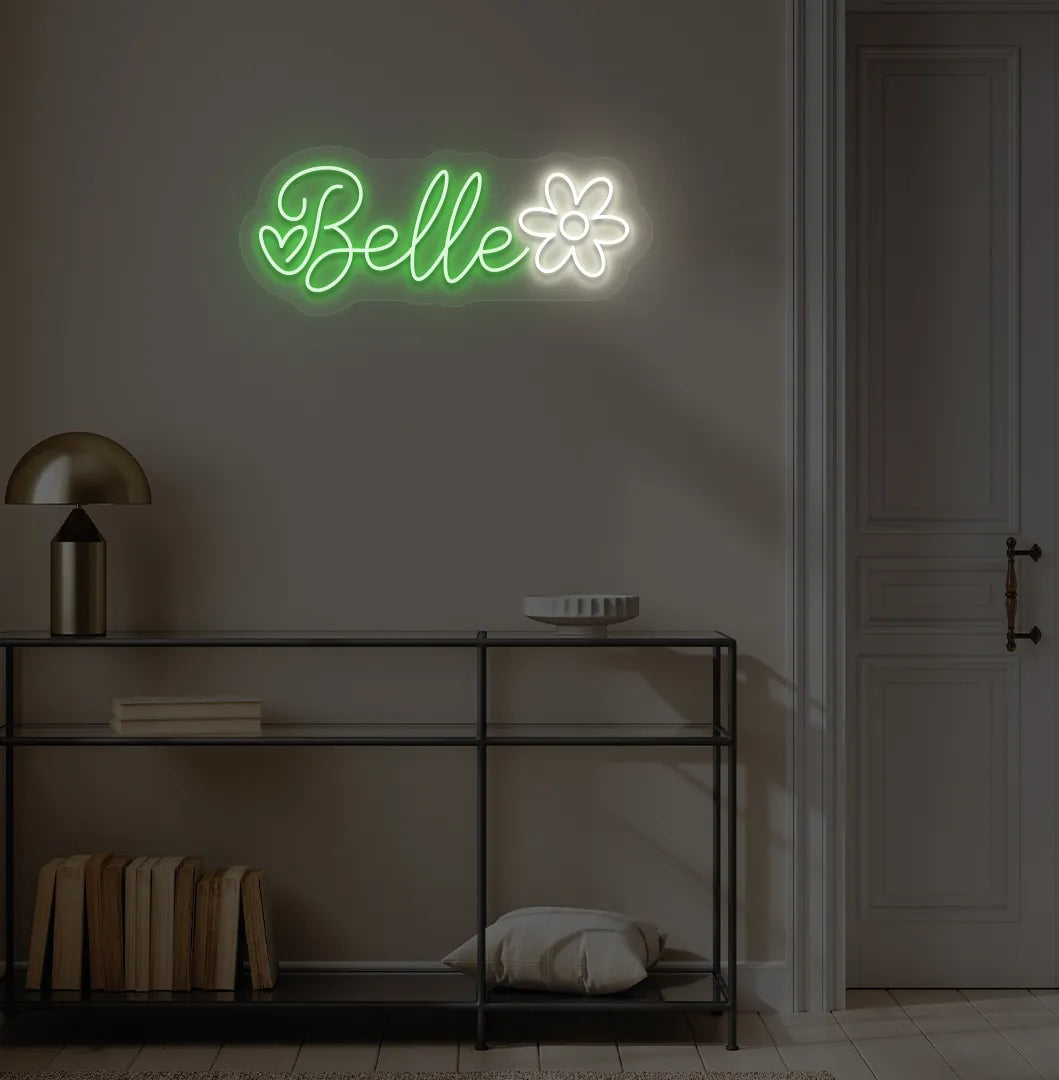 Stylish Name with Flower Custom neon sign mounted on aesthetic wall in green color.