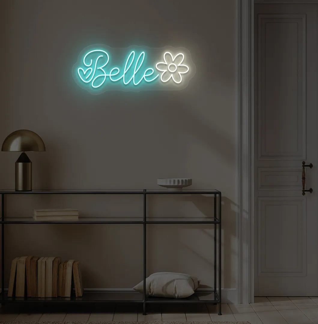 Personalized Name with Flower neon sign in ice blue color mounted on modern wall.