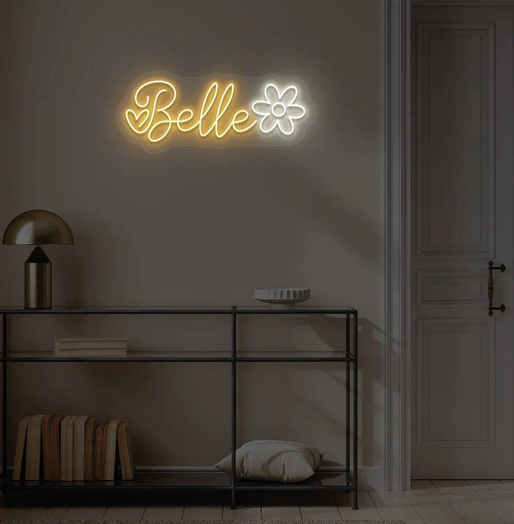 Stylish Name with Flower Custom neon sign mounted on aesthetic wall in orange color.