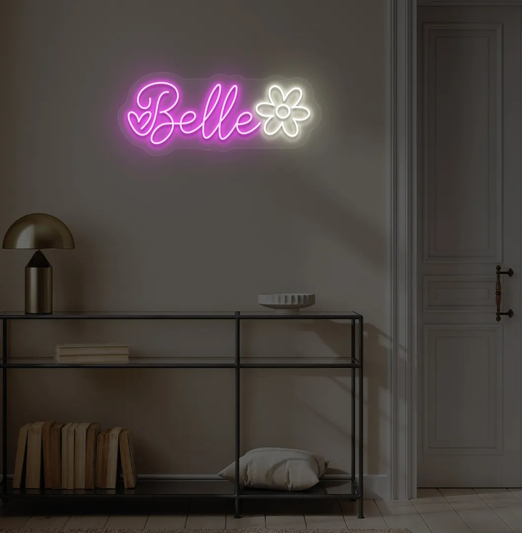 Personalized Name with Flower neon sign in pink color mounted on modern wall.