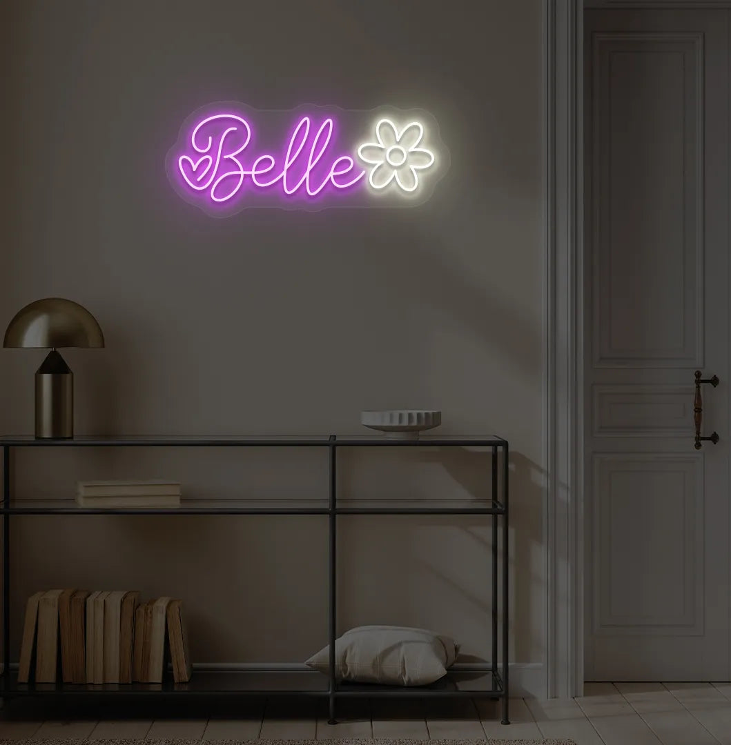 Stylish Name with Flower Custom neon sign mounted on aesthetic wall in purple color.