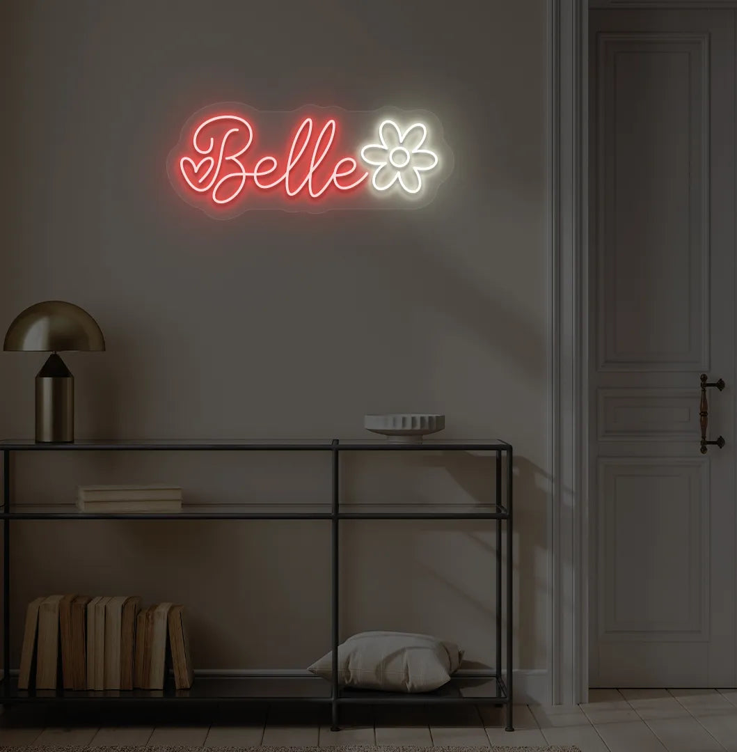 Personalized Name with Flower neon sign in red color mounted on modern wall.