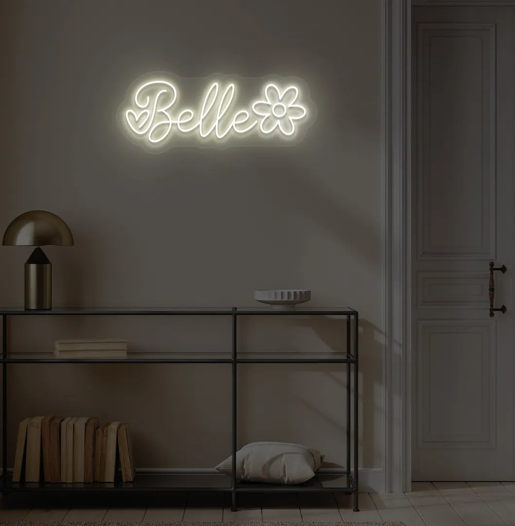 Stylish Name with Flower Custom neon sign mounted on aesthetic wall in warm white color.